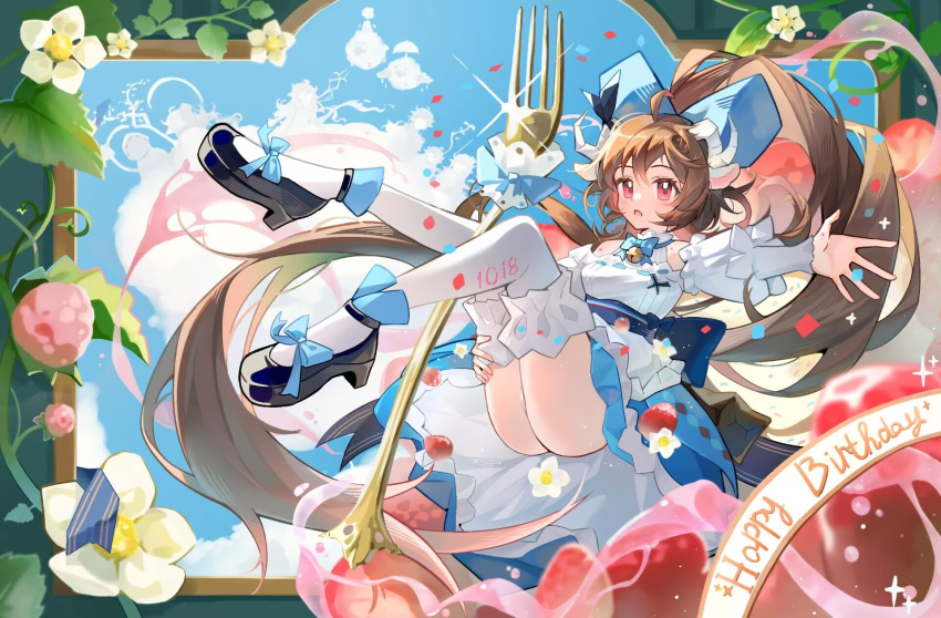 animal_ears arknights ass bare_shoulders black_footwear blue_bow blue_skirt blue_sky bow breasts brown_hair cloud commentary_request day eyjafjalla_(arknights) eyjafjalla_the_hvit_aska_(a_picnic_before_a_long_trip)_(arknights) eyjafjalla_the_hvit_aska_(arknights) female flower food fork fruit full_body hair_between_eyes happy_birthday highres horns knee_up kuangketi leg_up looking_at_viewer medium_breasts open_mouth outstretched_arm oversized_object red_eyes ribbon-trimmed_skirt ribbon_trim sheep_ears sheep_girl sheep_horns shirt shoes skirt sky solo strawberry thighhighs white_flower white_shirt white_thighhighs