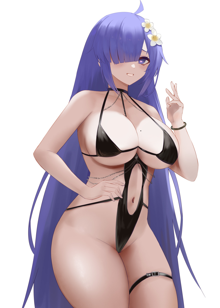 absurdres azur_lane black_one-piece_swimsuit breasts cleavage female flower hair_flower hair_ornament hair_over_one_eye heart heart-shaped_pupils highres long_hair mogador_(azur_lane) mogador_(locker_room_lechery)_(azur_lane) mole mole_on_breast navel obniermarbiss official_alternate_costume one-piece_swimsuit purple_eyes purple_hair simple_background smile solo standing swimsuit symbol-shaped_pupils very_long_hair white_background white_flower