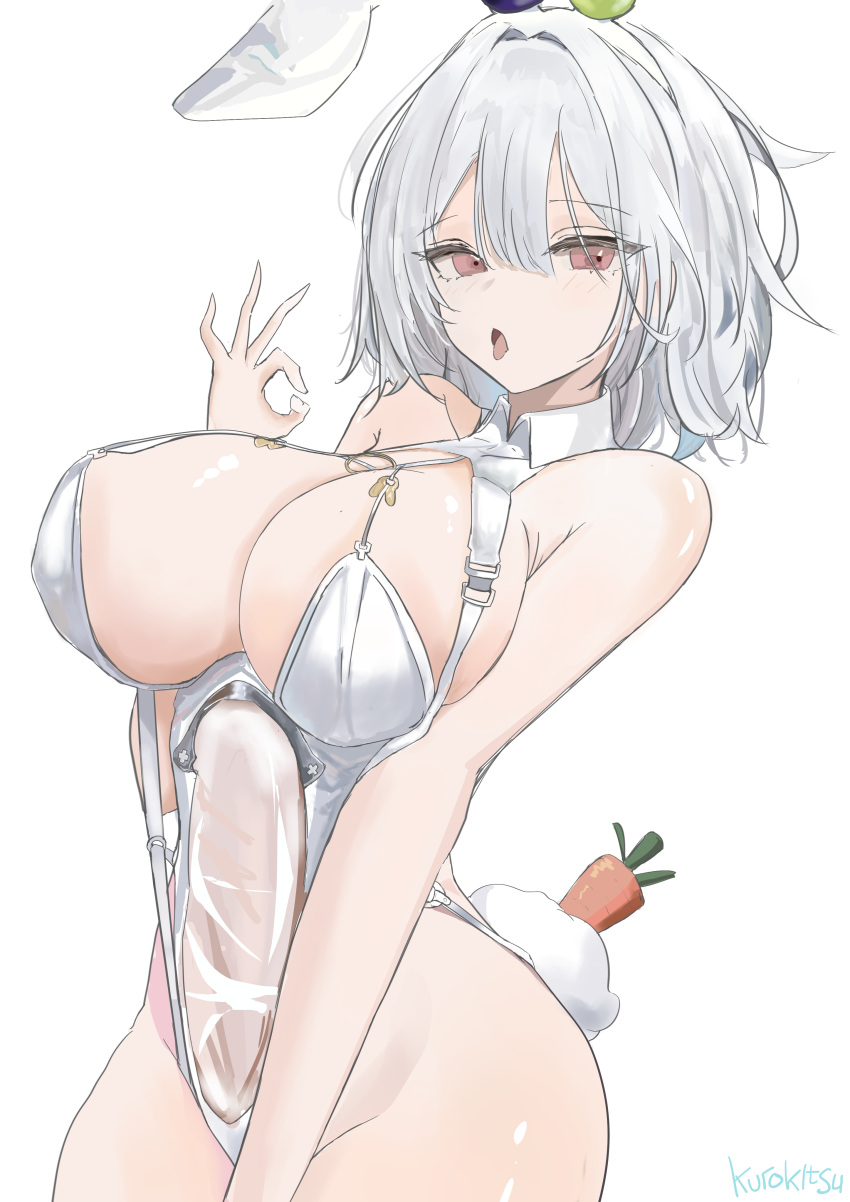 :p absurdres animal_ears azur_lane breasts carrot cleavage fake_animal_ears fake_tail female hair_between_eyes handjob_gesture highres kuroikitsu31 leotard looking_at_viewer meme_attire official_alternate_costume ok_sign open_mouth playboy_bunny rabbit_ears rabbit_tail red_eyes sexually_suggestive short_hair sirius_(azur_lane) sirius_(rabbit_of_paradise)_(azur_lane) solo tail tongue tongue_out translucent_bunnysuit white_hair white_leotard