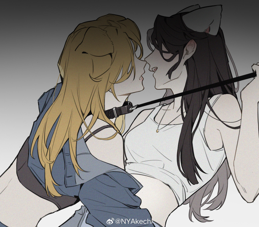 2girls akechi_(826988799) animal_ears bare_arms black_bra blonde_hair blue_jacket bra brown_hair cat_ears character_request chinese_commentary collar commentary_request crop_top dog_ears film_grain gradient_background grey_background highres holding holding_leash jacket jewelry k-pop kemonomimi_mode leash long_hair multiple_girls necklace open_mouth real_life tank_top underwear weibo_watermark white_tank_top yuri