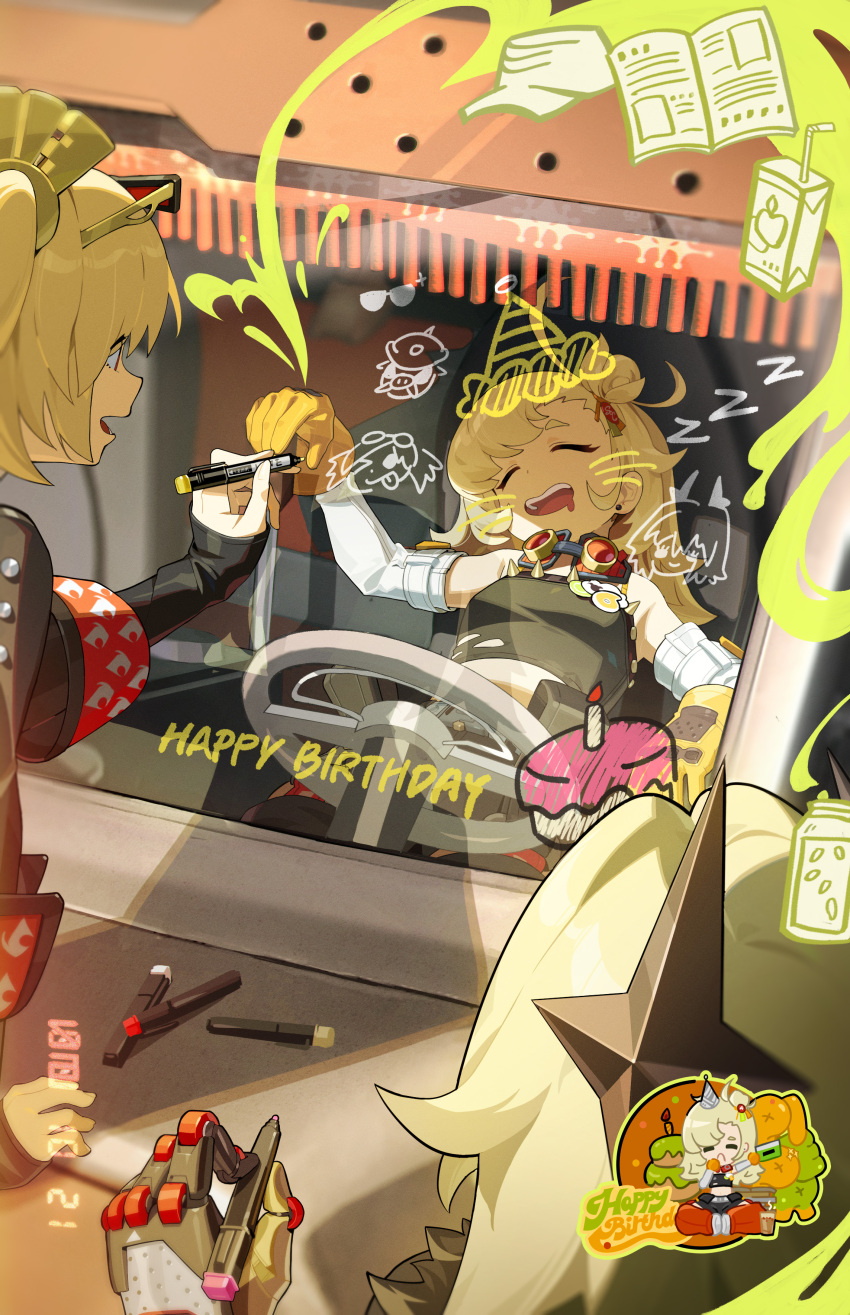 3girls ^_^ absurdres bare_shoulders blonde_hair burnice_white caesar_king_(zenless_zone_zero) closed_eyes commentary english_commentary goggles happy_birthday head_tilt highres holding holding_marker long_hair marker multiple_girls official_art open_mouth piper_wheel short_hair steering_wheel zenless_zone_zero zzz