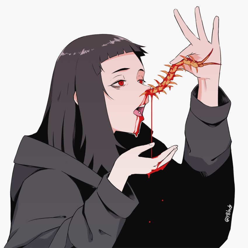 black_hair black_hoodie blood blood_drip blood_on_hands blunt_bangs bug centipede commentary english_commentary female highres hood hoodie insect_on_nose medium_hair nosebleed open_mouth original piercing profile red_eyes short_bangs solo tongue_piercing twitter_username upper_body yblndr