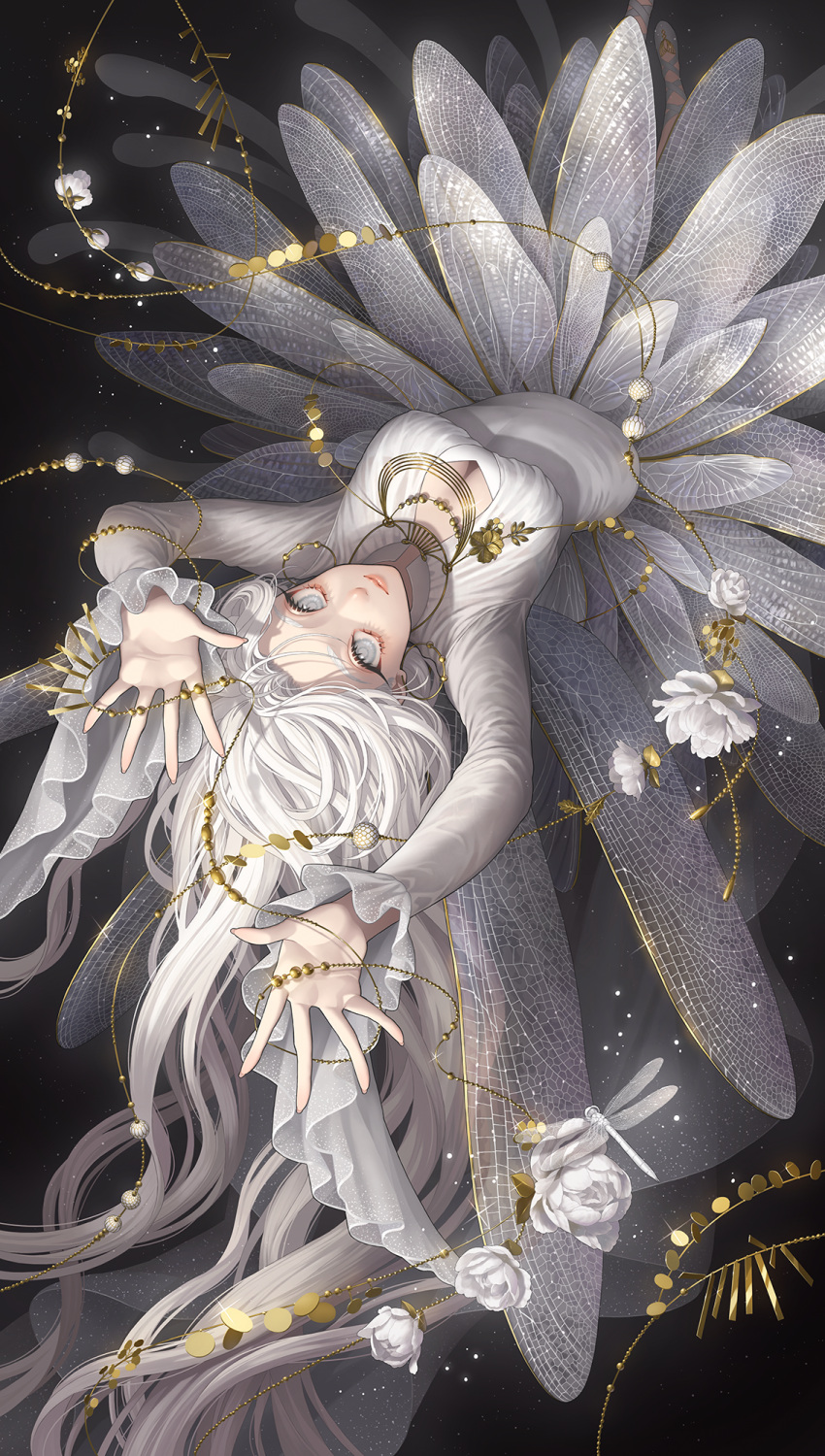 black_background breasts bug cleavage dragonfly dragonfly_wings dress earrings female flower glint gold grey_eyes highres hoop_earrings jewelry long_hair long_sleeves looking_at_viewer medium_breasts minami_(minami373916) original shadow solo upside-down white_dress white_flower white_hair