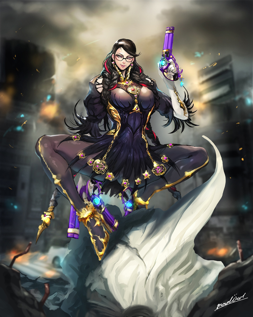 ankle_gun bayonetta bayonetta_(series) bayonetta_3 black_hair bodysuit breasts earrings female glasses gloves gun highres jewelry large_breasts lips long_hair looking_at_viewer madowl makeup mole mole_under_mouth quadruple_wielding smile solo very_long_hair weapon