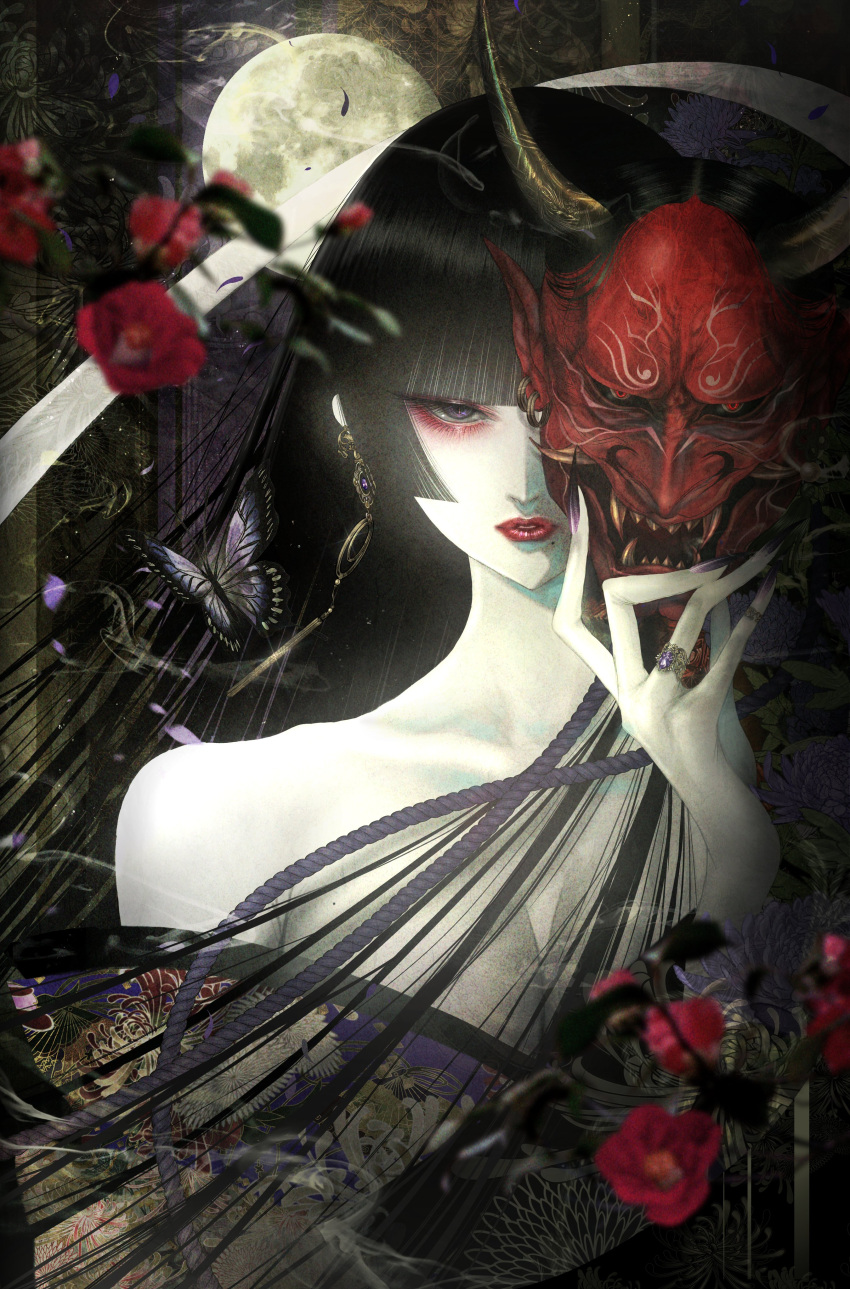 absurdres bare_shoulders black_hair blunt_bangs blurry blurry_foreground breasts bug butterfly camellia chrysanthemum_print clothes_lift collarbone earrings eyeshadow female fingernails floral_background floral_print floral_print_kimono flower full_moon hair_over_breasts half-closed_eyes highres holding holding_mask japanese_clothes jewelry kimono kimono_lift large_breasts long_fingernails long_hair looking_at_viewer makeup mask mole mole_on_breast mole_under_mouth moon one_eye_covered oni_mask original pale_skin parted_lips purple_eyes purple_nails purple_rope red_eyeshadow red_lips red_mask rope satsuki_kei sharp_fingernails sidelocks smoke solo