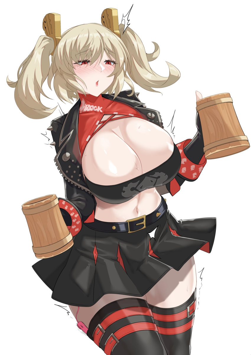 beer_mug belt black_gloves black_jacket black_skirt black_thighhighs black_tube_top blonde_hair blush breasts burnice_white cleavage cup female gloves hair_ornament highres jacket large_breasts long_hair long_sleeves midriff mug navel open_mouth red_eyes skirt solo strapless thighhighs thighs torahime_(roland00) tube_top twintails zenless_zone_zero