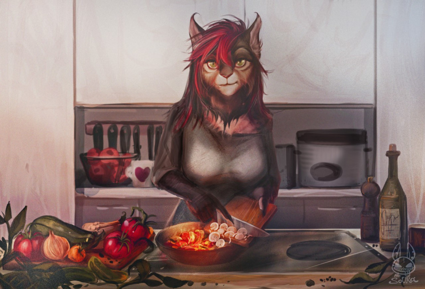 anthro appliance bottle clothed clothing container cooking cutlery drawing_sofa felid feline female food fruit fungus garlic hair kitchen kitchen_appliance kitchen_knife kitchen_utensils knife lynx mammal mushroom plant solo stove tomato tools vegetable