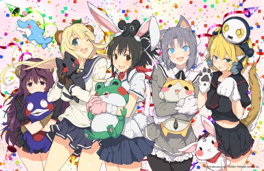 5girls :3 absurdres ahoge animal animal_ear_fluff animal_ears animal_hands animal_on_head ascot asuka_(senran_kagura) bear_ears bear_girl bear_paws bebe-tan bell black_ascot black_hair black_pantyhose black_ribbon black_sailor_collar black_serafuku black_skirt blonde_hair blue_eyes blue_sailor_collar blue_skirt blunt_bangs blush blush_stickers bow breasts brown_eyes brown_fur cat_ears cat_girl cat_paw cat_tail clothes_lift collar collarbone confetti covering_own_mouth cowboy_shot crown dog_ears dog_girl dog_paws dog_tail dolphin elephant elephant_ears feline floppy_ears frilled_skirt frills frog fur-trimmed_gloves fur_gloves fur_trim gessen_academy_uniform gloves gradient_background green_eyes grey_hair groin hair_between_eyes hair_ornament hair_ribbon hairbow hairclip hamster hanzou_academy_uniform hebijo_academy_uniform heterochromia highres holding holding_animal holding_stuffed_toy incredibly_absurdres jingle_bell joints large_breasts leaf leaf_hair_ornament leaf_on_head long_hair long_sleeves looking_at_viewer low_twintails luka_(senran_kagura) marvelous midriff mini_crown miniskirt multiple_girls murasaki_(senran_kagura) navel ninto_(senran_kagura) official_alternate_costume official_alternate_hairstyle official_art on_head one_eye_closed open_mouth pantyhose party_popper pink_background pink_gloves pleated_skirt ponytail purple_eyes purple_hair rabbit rabbit_ears rabbit_girl rabbit_tail raccoon_ears raccoon_girl raccoon_tail red_scarf ribbon robot robot_joints ryouna_(senran_kagura) sailor_collar scarf school_uniform senran_kagura senran_kagura_peach_ball senran_kagura_shinovi_versus senran_kagura_shoujo-tachi_no_shin'ei serafuku shiny_skin shirt short_hair short_ponytail short_sleeves short_tail shy skirt skirt_lift smile standing star_(symbol) star_print streamers stuffed_animal stuffed_toy tail tail_raised tanuki teddy_bear teeth thigh_gap tongue twintails upper_teeth_only very_long_hair white_bow white_ribbon white_sailor_collar white_shirt yaegashi_nan yellow_background yomi_(senran_kagura) yumi_(senran_kagura)