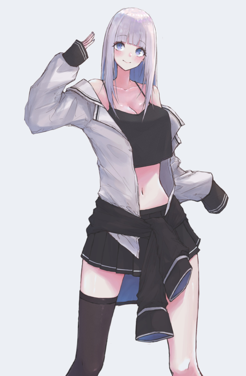 absurdres albino blue_eyes blunt_bangs breasts buran_(kure) closed_mouth female grey_hair highres hime_cut long_hair long_sleeves looking_at_viewer navel original simple_background skirt smile solo straight_hair sweater thighhighs white_hair