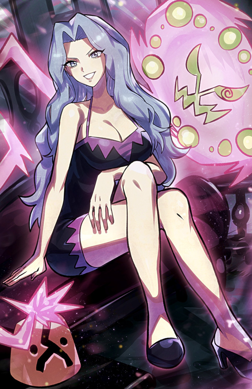 :d absurdres black_dress black_footwear breasts cleavage dress english_commentary female grey_eyes grey_hair high_heels highres karen_(pokemon) long_hair looking_at_viewer open_mouth pokemon pokemon_(creature) pokemon_gsc ryairyai sitting smile spiritomb