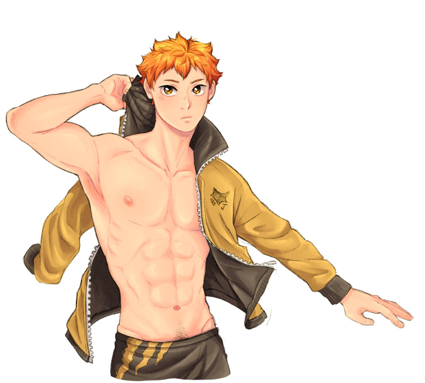 1boy ainudraws arm_up black_shorts closed_mouth haikyuu!! highres hinata_shouyou jacket long_sleeves male_focus muscular muscular_male orange_hair shorts solo topless_male white_background yellow_eyes yellow_jacket