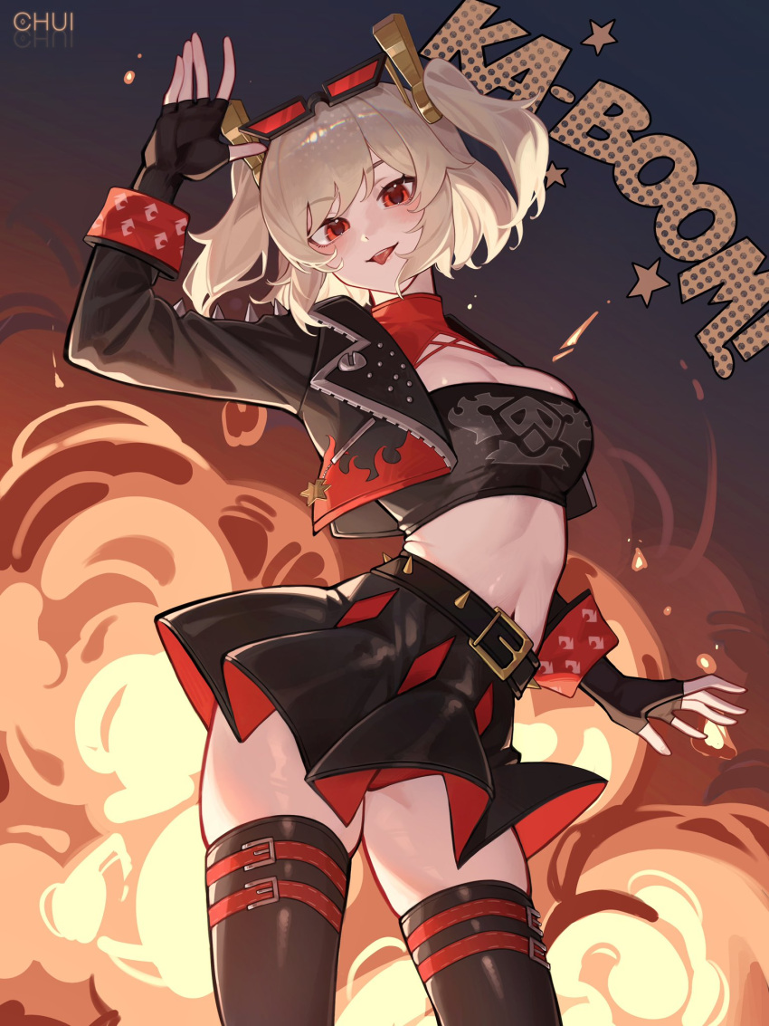 black_jacket black_skirt blonde_hair breasts burnice_white chui_art cleavage explosion eyewear_on_head female fire highres jacket looking_at_viewer open_mouth red_eyes skirt smile sunglasses tongue tongue_out zenless_zone_zero