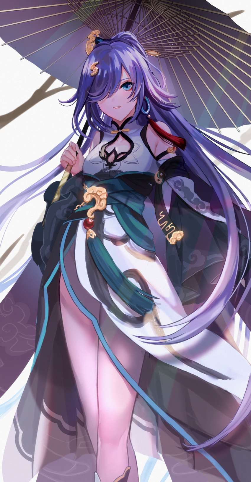 absurdres anzu0130 bare_shoulders black_hair blue_eyes china_dress chinese_clothes dress female fu_hua fu_hua_(azure_empyrea) hair_ornament hair_over_one_eye highres holding holding_umbrella honkai_(series) honkai_impact_3rd long_hair looking_at_viewer oil-paper_umbrella open_mouth ponytail revision solo umbrella white_background white_dress