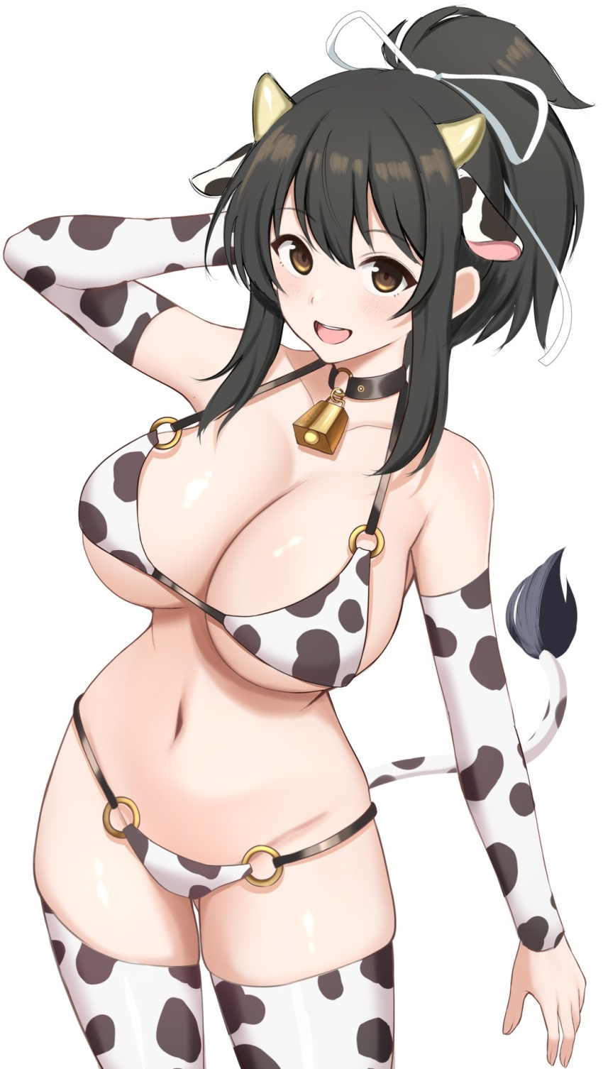 :d animal_ears animal_print arm_at_side arm_up ass_visible_through_thighs asuka_(senran_kagura) bare_shoulders bell bikini black_collar black_hair blush breasts brown_eyes cleavage collar collarbone commentary_request cow_ears cow_horns cow_print cow_print_bikini cow_print_sleeves cow_print_thighhighs cow_tail cowbell cowboy_shot detached_sleeves fake_animal_ears fake_horns fake_tail female hair_ribbon halterneck hand_in_own_hair high_ponytail highres horns large_breasts long_sleeves looking_at_viewer medium_hair navel neck_bell o-ring o-ring_bikini o-ring_bottom o-ring_top open_mouth paid_reward_available ponytail print_bikini print_sleeves print_thighhighs ribbon senran_kagura sidelocks simple_background smile solo standing stomach surippa1010 swimsuit tail teeth thighhighs upper_teeth_only white_background white_bikini white_ribbon white_thighhighs