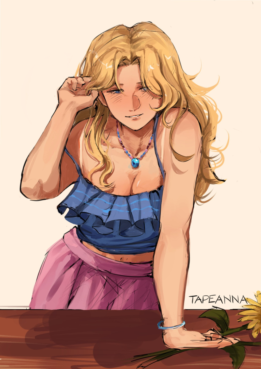 artist_name bare_shoulders blonde_hair blue_eyes blue_tank_top blush breasts cleavage commentary english_commentary female flower frilled_tank_top haley_(stardew_valley) hand_on_table highres jewelry large_breasts long_hair midriff navel necklace pink_skirt skirt smile solo spaghetti_strap stardew_valley strap_slip tank_top tapeanna tucking_hair yellow_flower