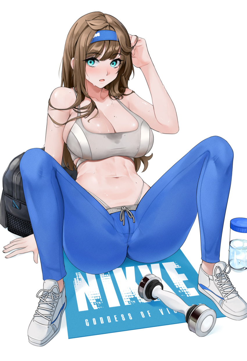 aqua_eyes arm_support bare_shoulders black_bag blue_hairband blue_pants blush bottle breasts brown_hair cleavage collarbone commentary dumbbell female full_body goddess_of_victory:_nikke hair_between_eyes hairband hand_up highres large_breasts logo long_hair looking_at_viewer m_legs midriff mole mole_on_breast navel noir_(4chan) open_mouth pants rumani_(nikke) shadow shoes sidelocks sitting sneakers solo sports_bra sweat water_bottle wet wet_clothes white_background white_footwear white_sports_bra yoga_pants