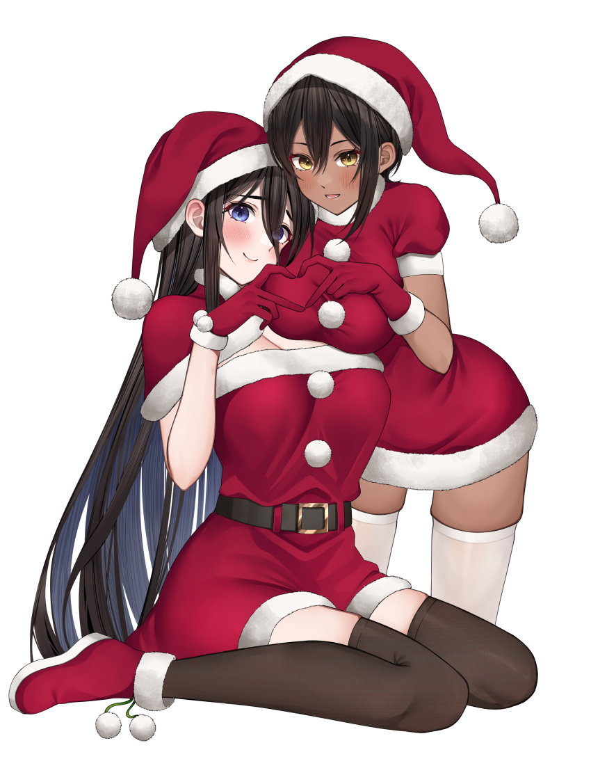 2girls :d absurdres belt black_belt black_thighhighs blue_eyes blush boots breasts capelet christmas cleavage dark-skinned_female dark_skin dress fur-trimmed_capelet fur-trimmed_dress fur-trimmed_footwear fur-trimmed_headwear fur_trim gloves hair_between_eyes hat heart heart_hands heart_hands_duo highres large_breasts long_hair looking_at_viewer multiple_girls open_mouth original pom_pom_(clothes) red_capelet red_dress red_footwear red_gloves red_hat santa_boots santa_costume santa_dress santa_gloves santa_hat short_hair siblings simple_background sisters sitting smile thighhighs thighs very_long_hair wariza white_background white_thighhighs yellow_eyes yuya_(yuya_illust)