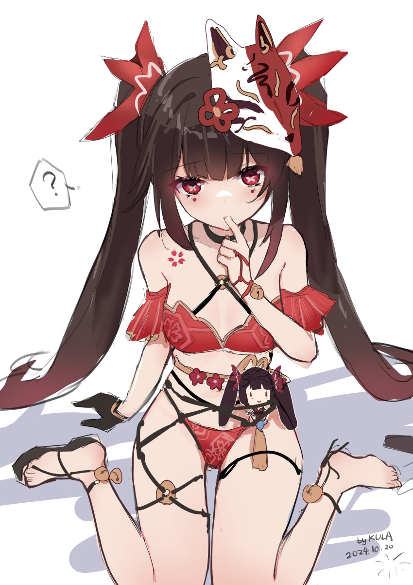 ? absurdres bell bikini black_choker black_gloves breasts brown_hair butterfly-shaped_pupils character_doll choker criss-cross_halter finger_in_own_mouth flower_tattoo fox_mask gloves halterneck highres honkai:_star_rail honkai_(series) kkkula_(kula) mark_under_both_eyes mask mask_on_head neck_bell o-ring red_bikini red_eyes red_sleeves single_glove sitting sparkle sparkle_(honkai:_star_rail) swimsuit symbol-shaped_pupils tattoo thighhighs wariza white_background