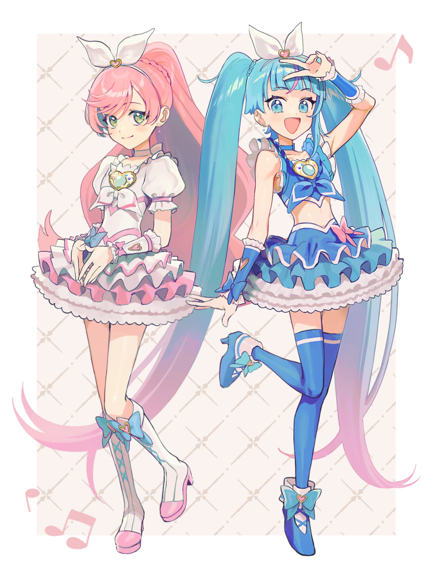 2girls :d alternate_color blue_eyes blue_hair blue_thighhighs blue_wrist_cuffs boots bow brooch choker commentary_request cosplay cure_melody cure_melody_(cosplay) cure_prism cure_rhythm cure_rhythm_(cosplay) cure_sky earrings frills full_body green_eyes heart heart_brooch highres hirogaru_sky!_precure in-franchise_crossover jewelry long_hair looking_at_viewer magical_girl multiple_girls musical_note navel nijigaoka_mashiro open_mouth pink_background pink_choker pink_hair pink_wrist_cuffs ponytail precure ribbon skirt smile sora_harewataru standing suite_precure thighhighs twintails unofficial_precure_costume v white_background white_bow white_choker wrist_cuffs yuzu_sato