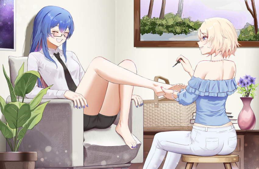 2girls absurdres anoreika_tomoe applying_pedicure bare_legs bare_shoulders barefoot basket bead_necklace beads blonde_hair blue_eyes blue_hair blue_nails blue_shirt closed_eyes colored_inner_hair commentary commission couch facing_another feet glasses hair_between_eyes highres holding indoors jewelry legs long_hair looking_at_another multicolored_hair multiple_girls nail_polish necklace object_request off-shoulder_shirt off_shoulder on_couch original painting_toenails pants pink_hair plant potted_plant shirt short_hair shoulder_blades sitting smile teeth toenail_polish toenails toes white_pants