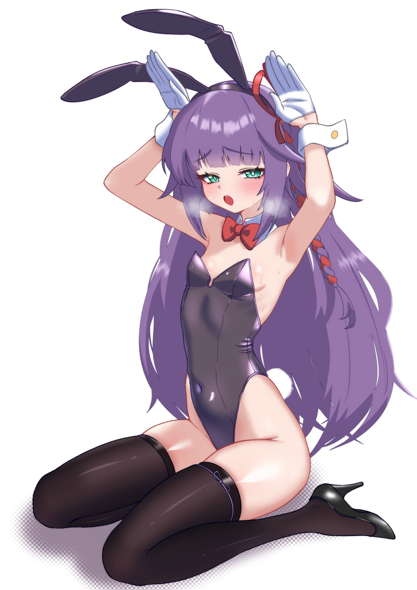 absurdres animal_ears black_leotard black_thighhighs bow bowtie breasts crowned_by_the_world_chalice detached_collar duel_monster female gloves green_eyes hair_ribbon highres ib_(yu-gi-oh!) leotard long_hair oldsickkim playboy_bunny purple_hair rabbit_ears rabbit_pose rabbit_tail red_bow red_bowtie ribbon simple_background small_breasts solo strapless strapless_leotard tail thighhighs white_background white_gloves wrist_cuffs yu-gi-oh!