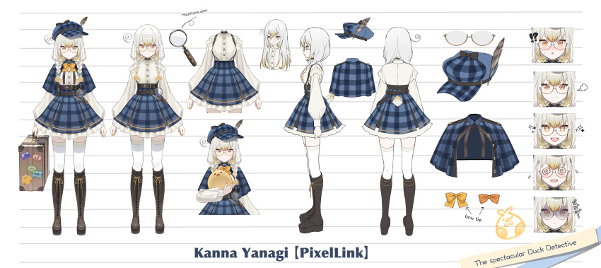 !? @_@ absurdres animal blonde_hair blue_capelet blue_hat blue_skirt boots bow bowtie braid buttons capelet expressions female glasses hat hat_feather highres holding holding_animal holding_suitcase kanna_yanagi kitada_mo knee_boots long_sleeves magnifying_glass multicolored_hair multiple_views open_mouth orange_bow orange_bowtie orange_eyes orange_nails pixellink plaid_capelet plaid_clothes plaid_hat plaid_skirt reference_sheet second-party_source shirt skirt sparkling_eyes streaked_hair suitcase tail tail_through_clothes twin_braids virtual_youtuber white_hair white_shirt