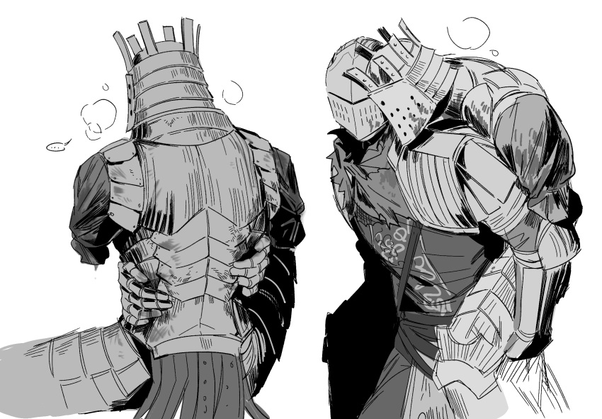 ... 192_saioma 1boy 1other armor blood blood_on_clothes breastplate carrying chosen_undead commentary dark_souls_(series) dark_souls_i feet_out_of_frame full_armor greyscale helmet highres knight knight_lautrec_of_carim leg_armor monochrome pauldrons piggyback shoulder_armor simple_background spoken_ellipsis tunic