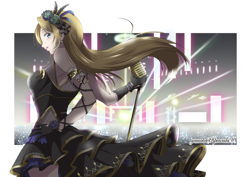 absurdres artist_name ayase_eli ayase_eli_(sensational_diva) black_dress blonde_hair blue_eyes border breasts commentary_request dress female floating_hair frilled_dress frills hair_down highres holding holding_microphone_stand long_hair looking_at_viewer love_live! love_live!_school_idol_festival_all_stars love_live!_school_idol_project medium_breasts microphone microphone_stand official_alternate_costume official_alternate_hairstyle outside_border parted_lips sleeveless sleeveless_dress solo stage twitter_username very_long_hair vintage_microphone white_border yousolo