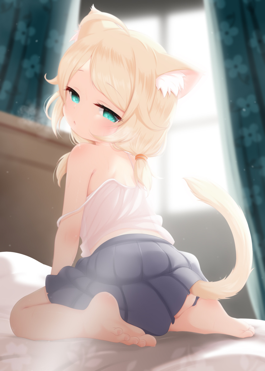 ahoge animal_ears barefoot bed bed_sheet black_skirt blonde_hair blurry blurry_background camisole cat_ears cat_tail chestnut_mouth commentary_request curtains female green_eyes half-closed_eyes highres hosizora_mikoto idolmaster idolmaster_cinderella_girls indoors legs light_blush looking_at_viewer low_twintails medium_hair morning pleated_skirt sidelocks sitting skirt solo strap_slip sunlight tail toes twintails wariza white_camisole window yusa_kozue