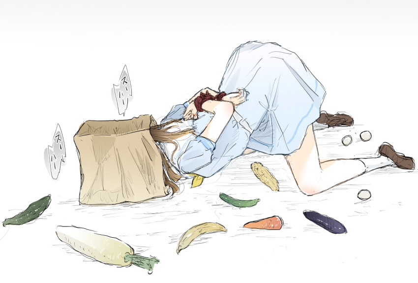 arms_behind_back ast bag bag_on_head banana blue_dress bondage bondage bound brown_footwear brown_hair carrot commentary corn cucumber daikon dress egg eggplant female food food_request fruit full_body hasu_no_sora_school_uniform kachimachi_kosuzu link!_like!_love_live! loafers long_hair love_live! medium_dress neckerchief paper_bag pleated_dress puffy_short_sleeves puffy_sleeves radish sailor_collar sailor_dress school_uniform shoes short_sleeves simple_background socks solo speech_bubble summer_uniform top-down_bottom-up virtual_youtuber white_background white_sailor_collar white_socks yellow_neckerchief