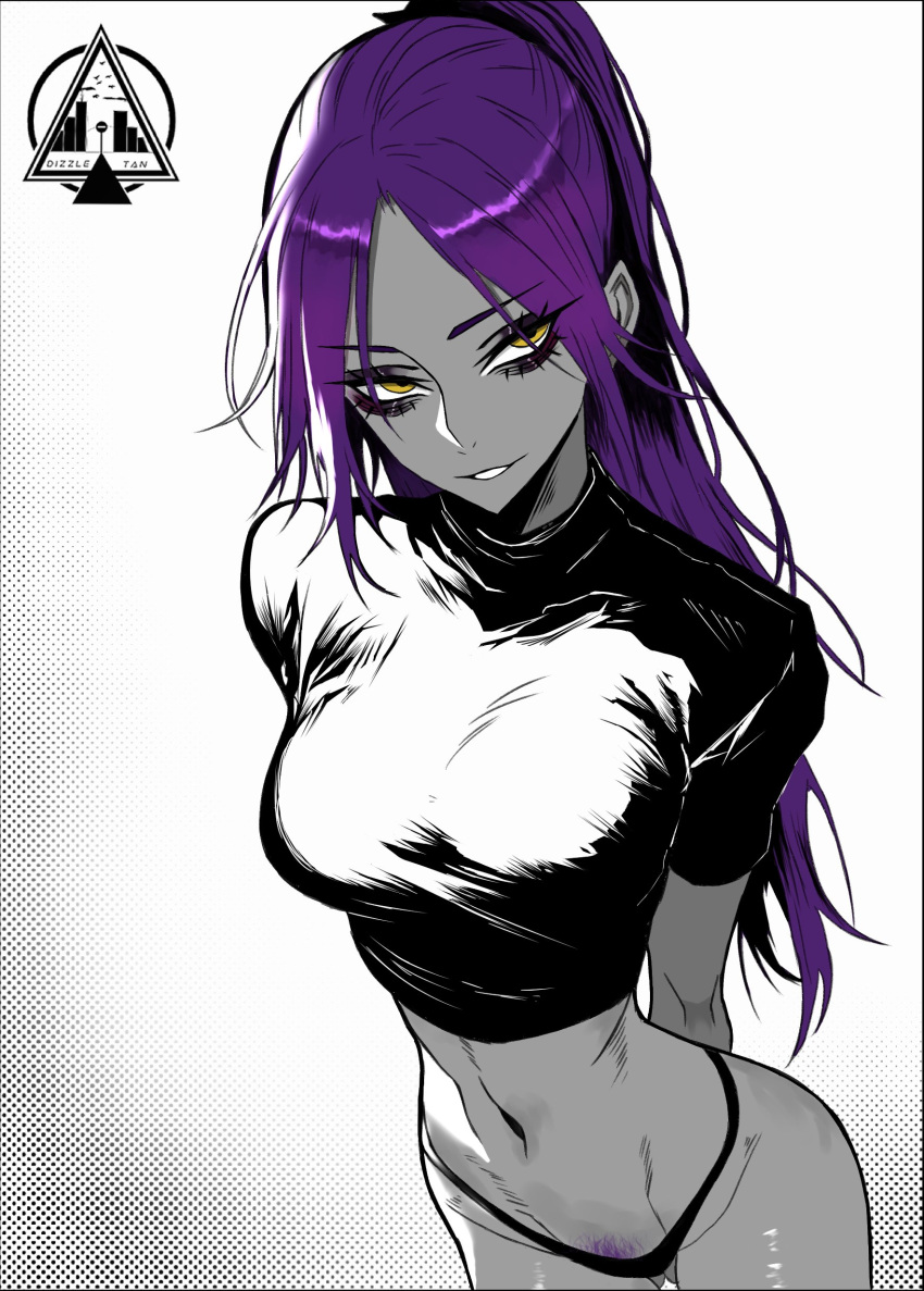 absurdres alternate_costume arms_behind_back artist_logo black_panties black_shirt bleach breasts dark-skinned_female dark_skin dizzle female female_pubic_hair highres large_breasts long_hair looking_at_viewer midriff panties partially_colored ponytail pubic_hair purple_hair shihouin_yoruichi shirt smile solo thighs thong underwear yellow_eyes