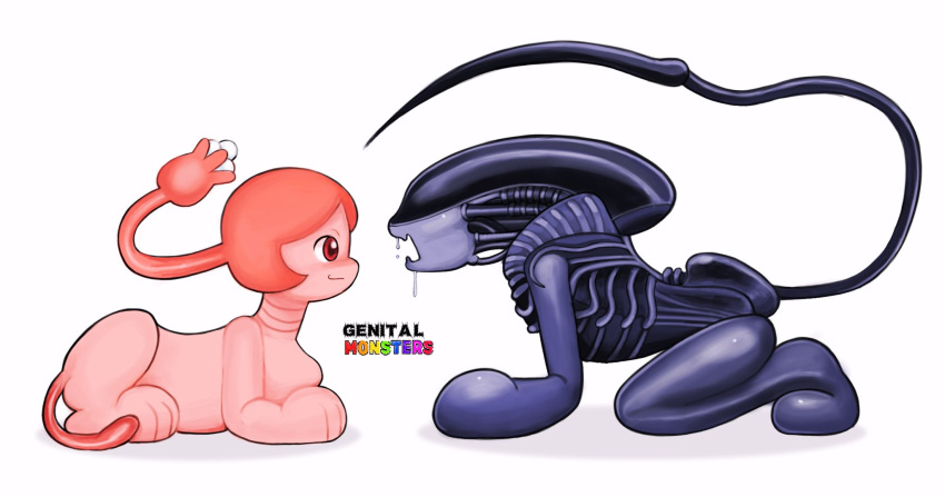 alien alien_(franchise) alunka bodily_fluids breasts drooling duo fallopian_tubes felid feline female feral hi_res lying mammal ovaries paws pink_body pseudo_hair saliva simple_background smile tail uteru-chan_(alunka) uterus white_background xenomorph