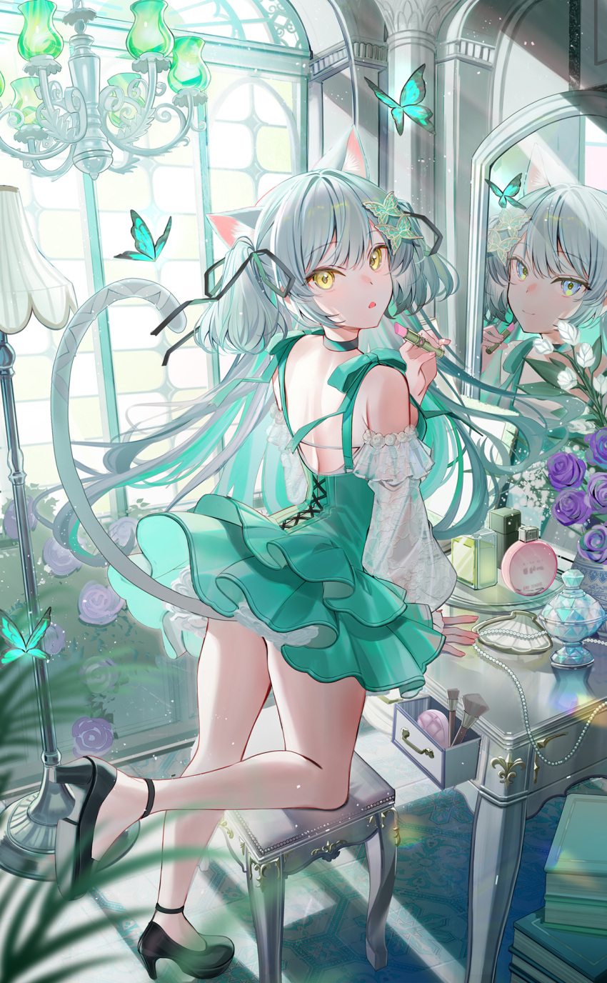 animal_ear_fluff animal_ears aqua_choker aqua_dress aqua_hair black_footwear black_ribbon butterfly_hair_ornament cat_ears cat_girl cat_tail colored_inner_hair cosmetics detached_sleeves different_reflection dress female flower grey_hair hair_ornament hair_ribbon high_heels highres holding holding_lipstick_tube kawachi_rin kneepits lipstick_tube long_hair mirror multicolored_hair original parted_lips purple_flower reflection ribbon solo tail two_side_up white_footwear yellow_eyes