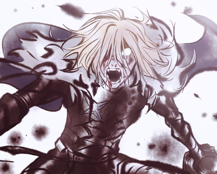 1boy angry armor black_armor blonde_hair blood blood_from_mouth blood_on_face breastplate cape commentary cosu_(guessibetter) cowboy_shot dimitri_alexandre_blaiddyd english_commentary fangs fire_emblem fire_emblem:_three_houses floating_cape furious gauntlets male_focus medium_hair no_pupils open_mouth teeth white_background white_eyes