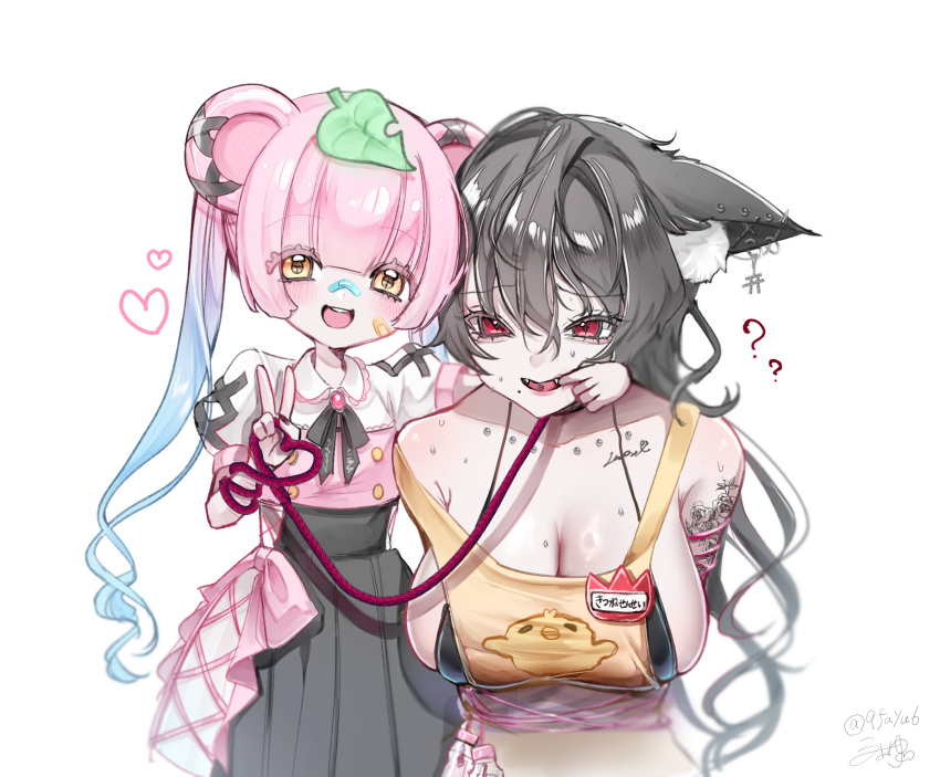 2girls age_difference animal_ears black_hair body_piercings bondage bondage bound breasts fangs fayutea femdom flat_chest gradient_hair highres jirai_kei large_breasts leash lolidom long_hair multicolored_hair multiple_girls onee-loli original piercing pink_hair red_eyes tongue_piercing twintails v yuri