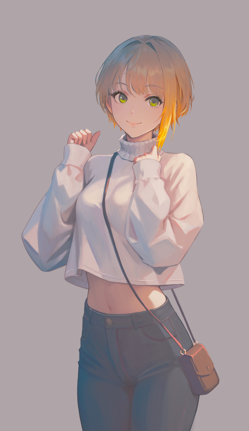 absurdres blonde_hair casual cropped_sweater denim female green_eyes grey_background hair_intakes highres idolmaster idolmaster_cinderella_girls jeans long_sleeves looking_at_viewer midriff miyamoto_frederica navel pants qingli_ye short_hair simple_background smile solo sweater white_sweater