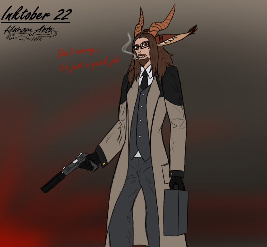 anthro beard cigarette cigarette_in_mouth clothing coat ear_tuft eyewear facial_hair glasses gloves gun hair handgun handwear horn human humanoid hunamarts inktober_2024 mafia male mammal noctarion object_in_mouth patricio_(hunam) pistol ranged_weapon silencer smoke solo suit suitcase topwear tuft weapon