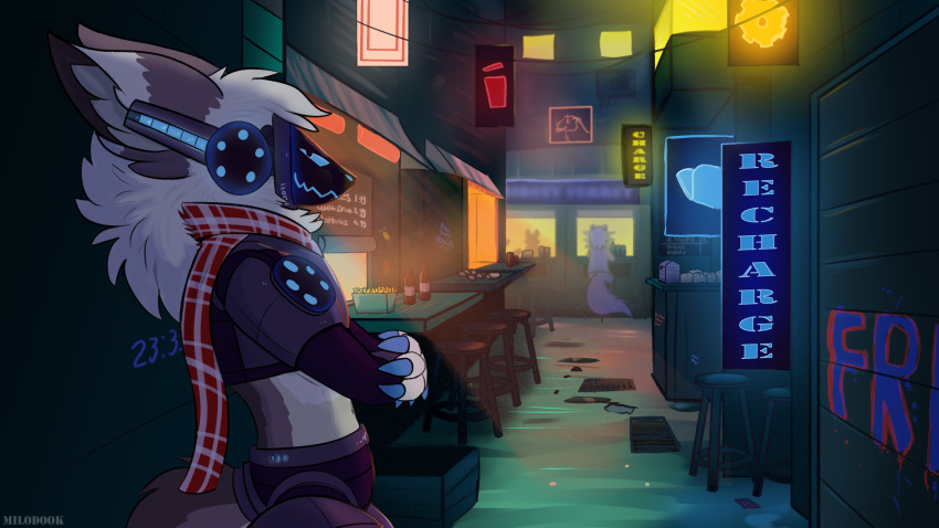 16:9 alley anthro bar_stool crossed_arms cyberpunk furniture hi_res machine milo_(slimyjaws) neon_sign nonbinary_(lore) protogen scarf sign slimyjaws stool widescreen