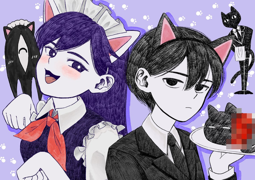 2boys :3 alternate_costume animal_ears black_eyes black_hair black_necktie blush bright_pupils butler_(omori) cat_ears censored collared_shirt colored_skin fake_animal_ears female furry furry_male long_hair long_sleeves looking_at_viewer maid_headdress mari_(headspace)_(omori) mari_(omori) mewo mosaic_censoring msdnno_kabe multiple_boys neckerchief necktie omori omori_(omori) open_mouth purple_eyes purple_hair red_neckerchief shirt short_sleeves smile something_(omori) spoilers suit tongue white_pupils white_shirt white_skin