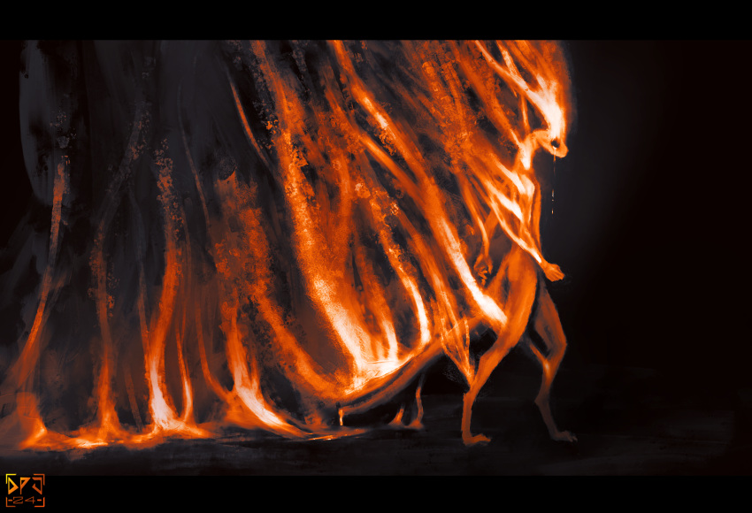 2024 black_background black_bars burning dark digital_media_(artwork) digital_painting_(artwork) digitigrade dirtypaperjoe fire hi_res hollow_eyes letterbox reptile scalie simple_background smoke snake walking