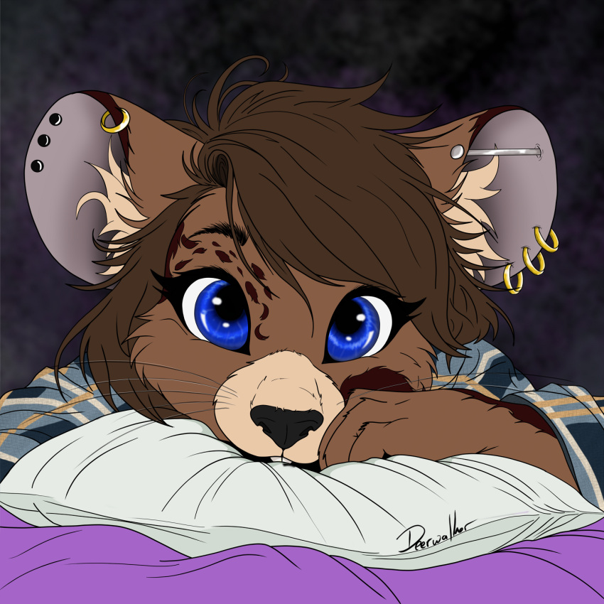 1:1 anthro bed bedroom big_ears big_eyes blue_eyes brown_hair buckteeth clothing deerwalker ear_piercing ear_ring female flat_colors furniture hair hi_res inner_ear_fluff looking_at_viewer lying lying_on_bed mammal mouse murid murine on_bed pajama_shirt pajamas pattern_clothing piercing pillow plaid plaid_clothing ring_piercing rodent simple_background solo solo_focus studs teeth tuft whiskers