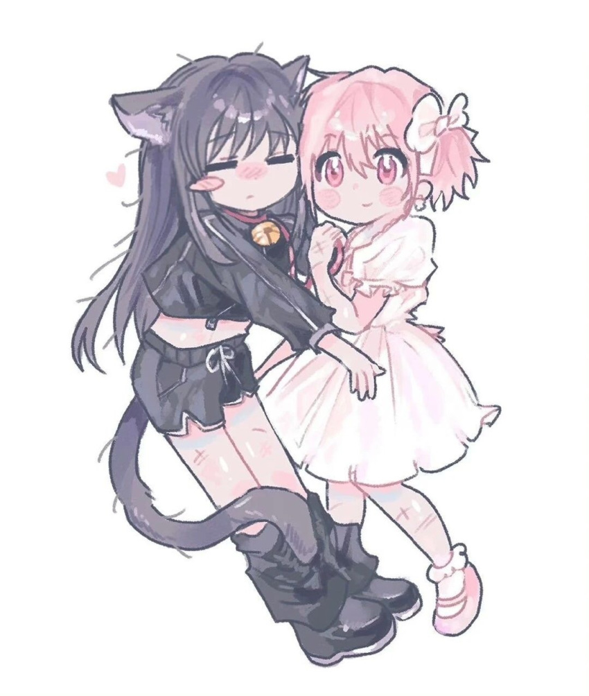 2girls akemi_homura alternate_costume animal_collar animal_ear_fluff animal_ears bare_arms bell black_footwear black_hair black_leg_warmers black_shirt black_shorts blush blush_stickers boots bow cat_ears cat_girl cat_tail closed_eyes closed_mouth collar cropped_shirt dress frilled_dress frilled_sleeves frilled_socks frills full_body hair_between_eyes hair_intakes hairbow happy heads_together heart highres holding holding_leash hug kaname_madoka kemonomimi_mode kerimka31328031 leash leg_warmers light_frown long_hair long_sleeves mahou_shoujo_madoka_magica mahou_shoujo_madoka_magica_(anime) mary_janes medium_dress messy_hair midriff multiple_girls neck_bell pink_eyes pink_footwear pink_hair pleated_dress pocket puffy_short_sleeves puffy_sleeves red_collar scar scar_on_arm scar_on_leg shirt shoes short_hair short_sleeves short_twintails shorts simple_background single_blush_sticker smile socks square_neckline straight_hair tail tareme third-party_source twintails very_long_hair white_background white_bow white_dress white_socks yuri