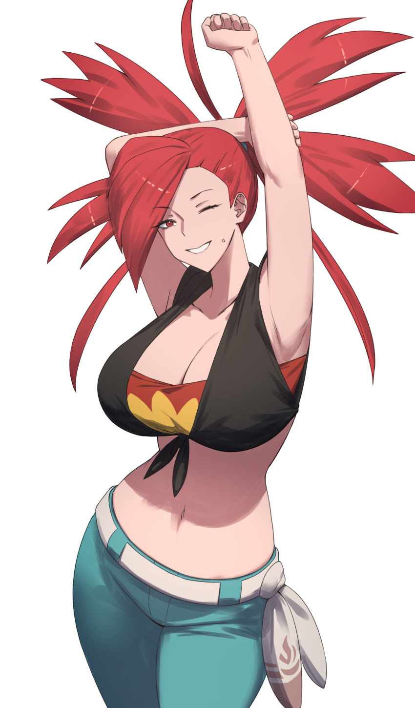 arm_up armpits bow breasts cleavage collarbone crop_top female flannery_(pokemon) highres large_breasts looking_at_viewer navel one_eye_closed pants pokemon pokemon_oras red_bow red_eyes shou_illust sleeveless solo white_background