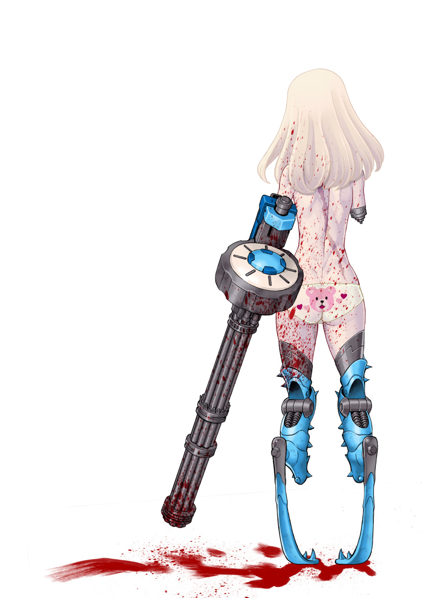 absurdres amputee animal_print ass back bear_print blonde_hair blood blood_in_hair blood_on_back blood_on_body blood_on_leg female from_behind full_body gatling_gun highres long_hair minigun panties print_panties prosthesis prosthetic_leg quadruple_amputee solo soul_liquid_chambers tamaki_nozomu topless underwear