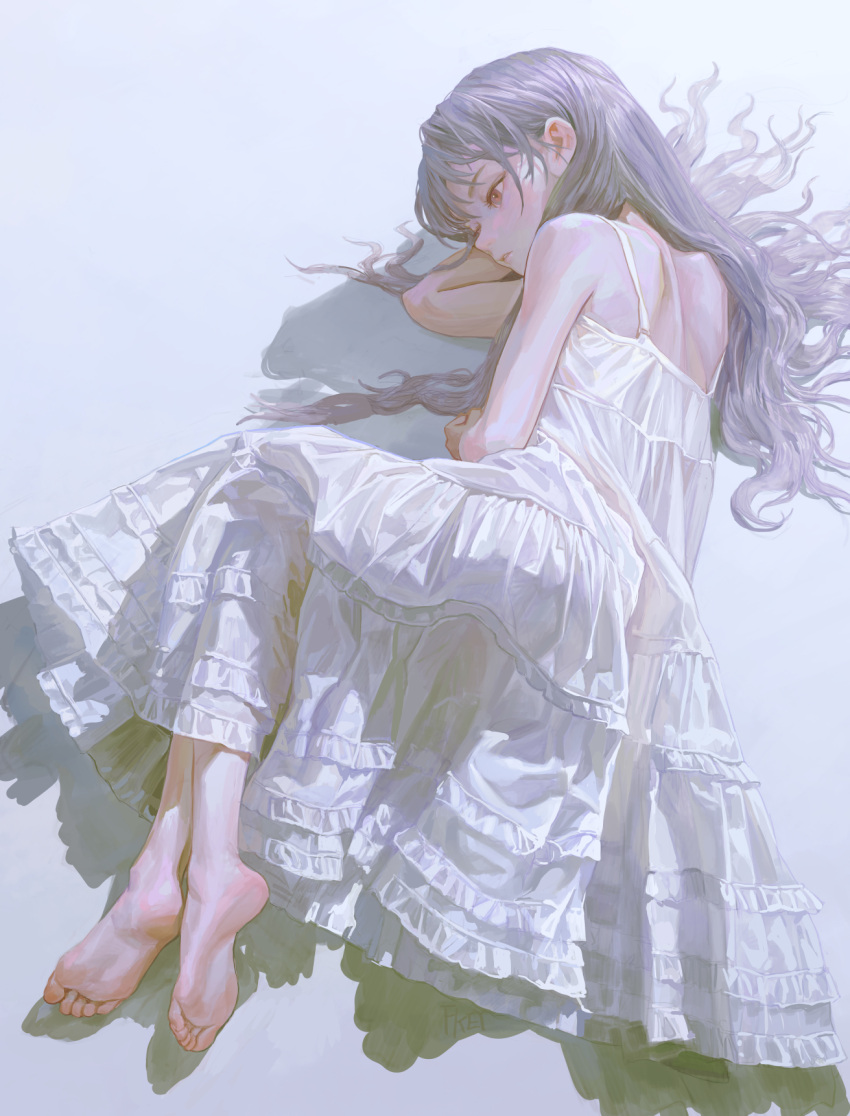 arm_pillow artist_name barefoot brown_eyes dress feet female fkey from_above grey_background grey_hair hair_between_eyes highres long_hair lying on_side original parted_lips shadow simple_background sleeveless sleeveless_dress soles solo sundress teeth toes very_long_hair white_dress