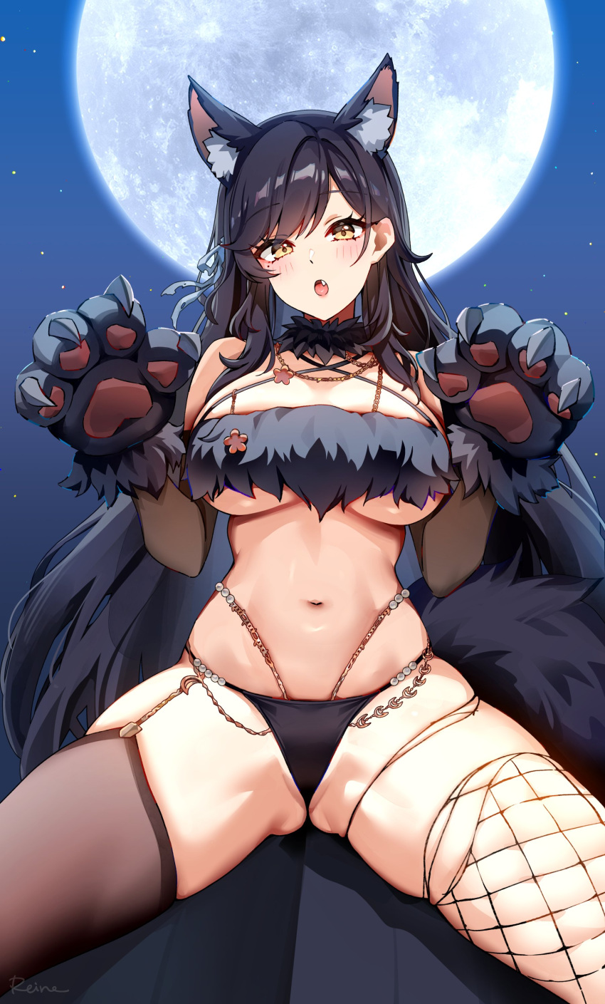 :o absurdres animal_ears animal_hands atago_(azur_lane) atago_(full_moon's_feral_wolf)_(azur_lane) azur_lane black_hair black_thighhighs blush breasts extra_ears female fishnet_thighhighs fishnets foxyreine highres large_breasts long_hair looking_at_viewer mole mole_under_eye moon navel night night_sky oerba_yun_fang sky solo spread_legs stomach thighhighs thighs yellow_eyes