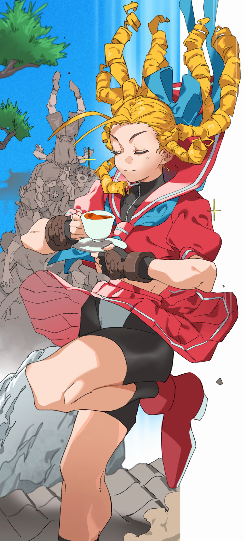 absurdres after_battle antenna_hair bike_shorts blonde_hair blue_sailor_collar commentary cup female fingerless_gloves floating_clothes floating_hair gloves hair_floating_upwards highres holding holding_cup holding_plate kanzuki_karin long_hair multiple_boys panties panties_over_bike_shorts plate pretty-purin720 red_footwear ringlets sailor_collar school_uniform serafuku shorts shorts_under_skirt skirt street_fighter street_fighter_zero_(series) tea underwear