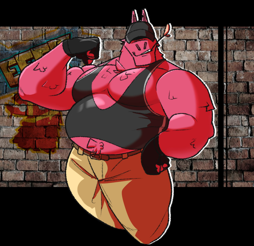 animate_inanimate anthro belly bottomwear camelid chest_tuft clothing covering covering_eyes covering_face cronolm detailed_background epic_games fingerless_gloves flexing flexing_bicep fortnite fur gloves handwear hat headgear headwear hi_res living_pinata llama lt._john_llama male mammal musclegut muscular muscular_arms pants pecs pinata pink_body pink_fur portrait shirt smile smirk solo tank_top teeth three-quarter_portrait topwear tuft tufted_fur wheat_in_mouth