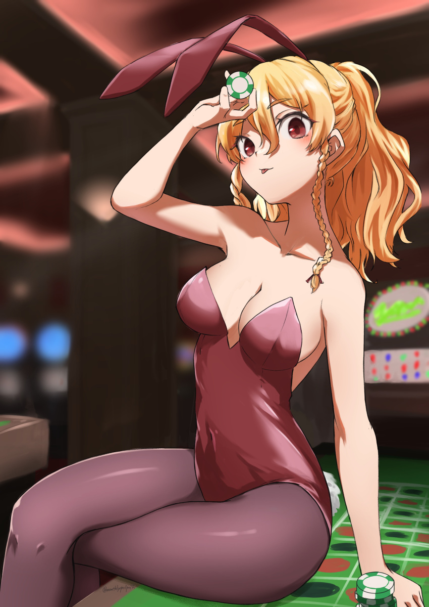 absurdres animal_ears bare_shoulders blonde_hair blush braid breasts brown_eyes brown_pantyhose casino casino_card_table cleavage covered_navel crossed_legs croupier fake_animal_ears female hair_between_eyes highres indoors kantai_collection leotard long_hair looking_at_viewer medium_breasts pantyhose playboy_bunny poker_chip poker_table rabbit_ears red_leotard sitting slot_machine smile solo strapless strapless_leotard table umibudou wavy_hair wrist_cuffs zara_(kancolle)