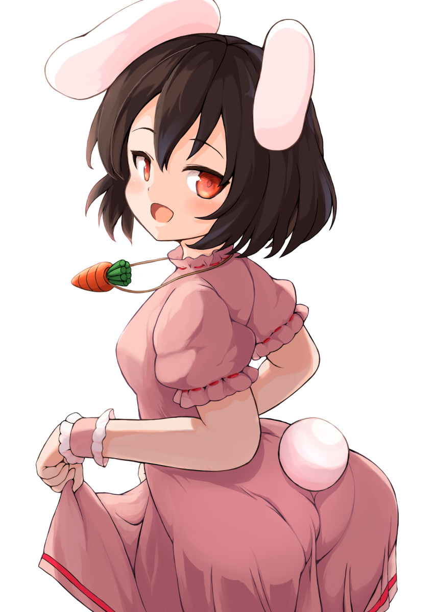 animal_ears ass black_hair bluekalmia blush breasts carrot_necklace commentary cowboy_shot dress female floppy_ears highres inaba_tewi jewelry looking_at_viewer looking_back medium_breasts necklace open_mouth orange_eyes pantylines pink_dress puffy_short_sleeves puffy_sleeves rabbit_ears rabbit_girl rabbit_tail ribbon-trimmed_dress ribbon-trimmed_sleeves ribbon_trim short_hair short_sleeves simple_background skin_tight smile solo tail touhou white_background